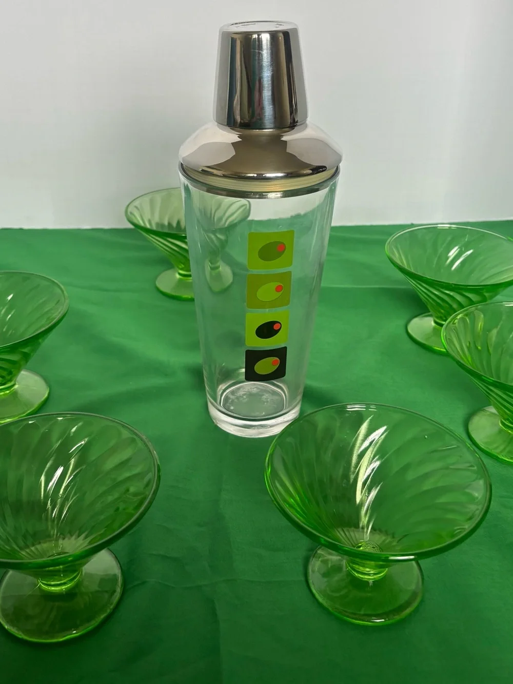Six Green  uranium Olive Cocktail Shaker with Retro Olive Motif